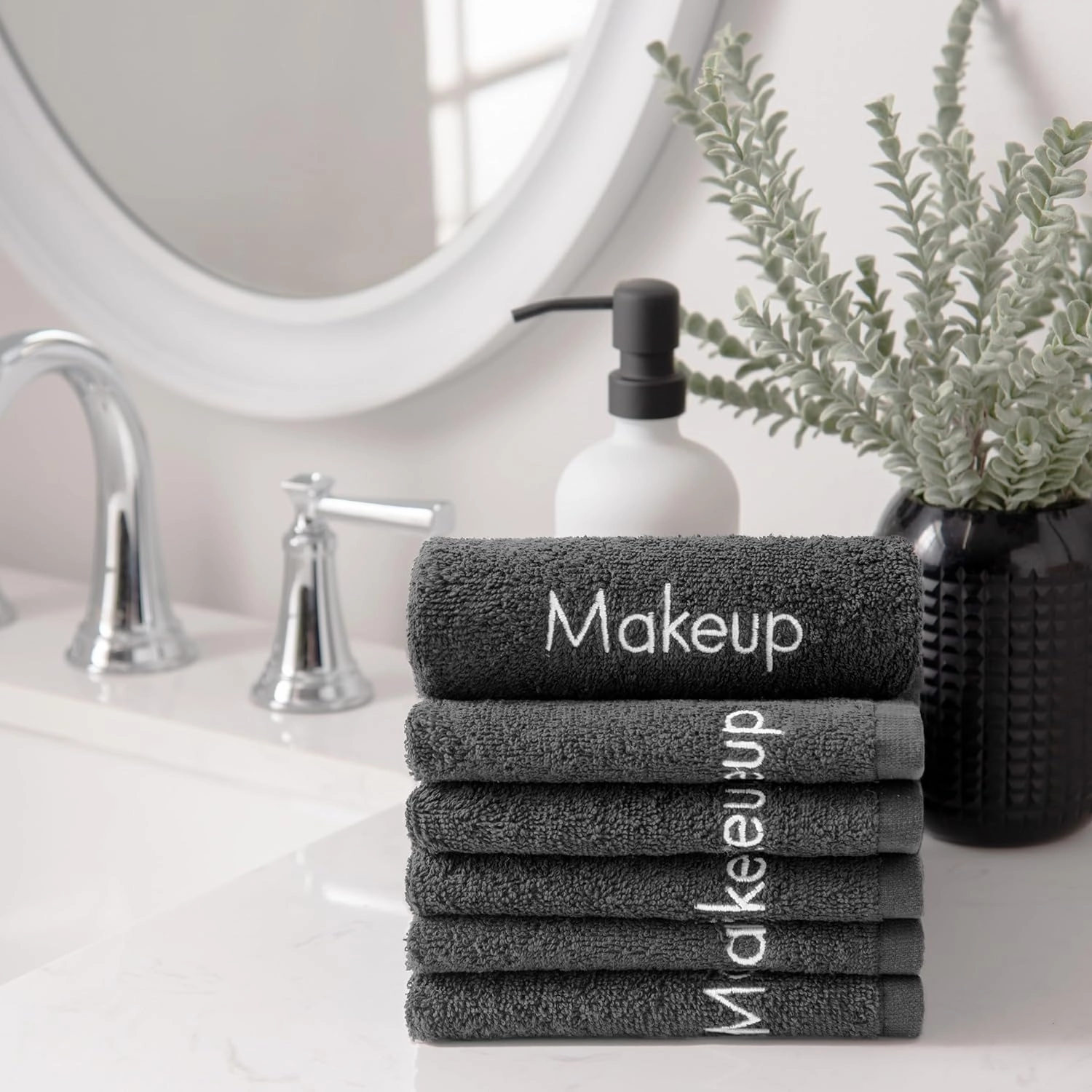 Arkwright Makeup Towels - Pack of 6 - Soft & Gentle Cotton Small FingerTip Powder Room Washcloth, Decorative Bathroom Essentials for Hosts & Artists, 11 x 17 in, Grey