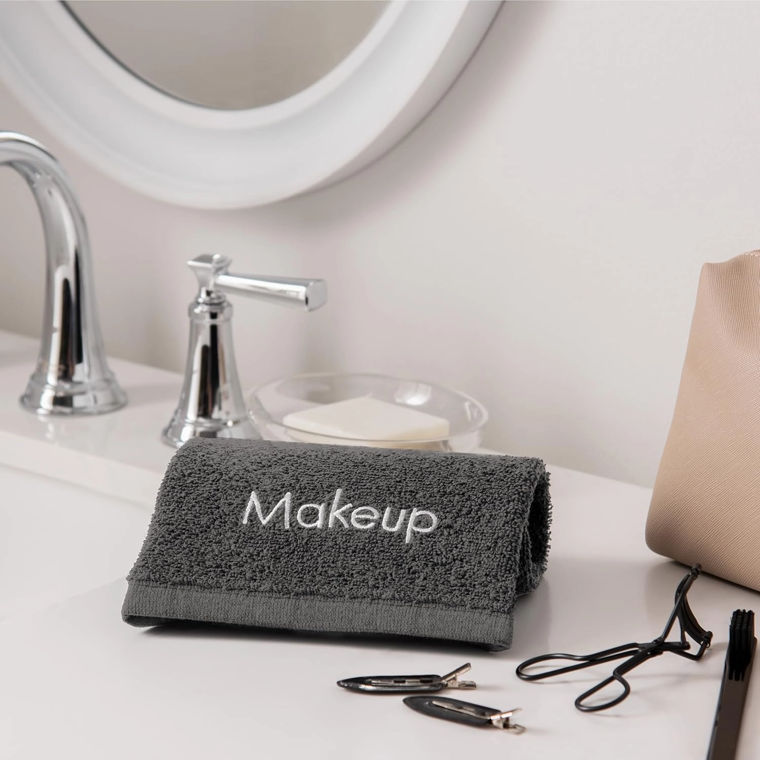Arkwright Makeup Towels - Pack of 6 - Soft & Gentle Cotton Small FingerTip Powder Room Washcloth, Decorative Bathroom Essentials for Hosts & Artists, 11 x 17 in, Grey