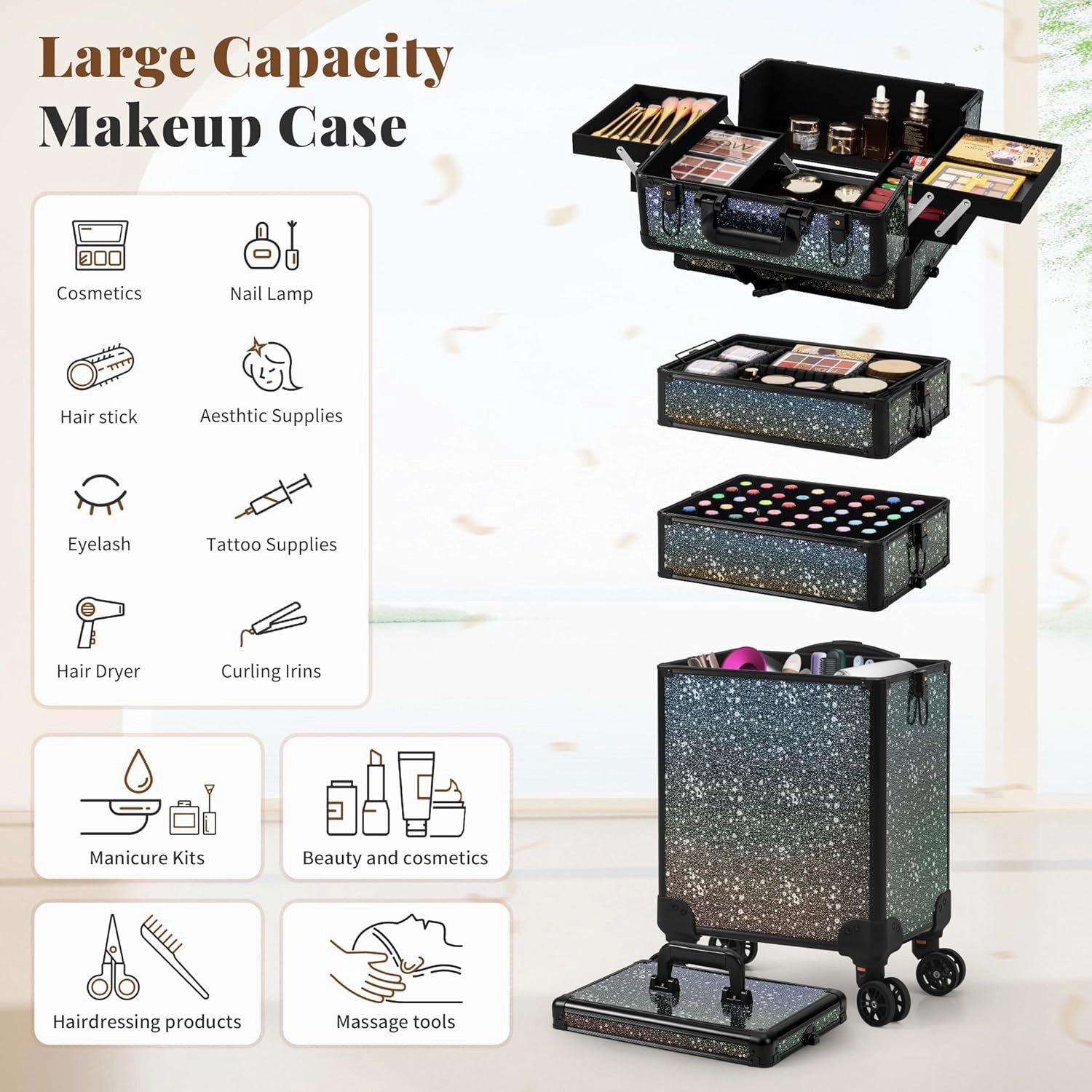 AROUS Rolling Makeup Train Case Large Storage Cosmetic Trolley 5 in 1 Large Capacity Trolley Makeup Travel Case with Key Swivel Wheels Salon Barber Case Traveling Cart Trunk, Black (Black)