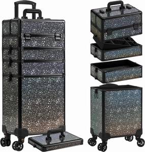 AROUS Rolling Makeup Train Case Large Storage Cosmetic Trolley 5 in 1 Large Capacity Trolley Makeup Travel Case with Key Swivel Wheels Salon Barber Case Traveling Cart Trunk, Black (Black)