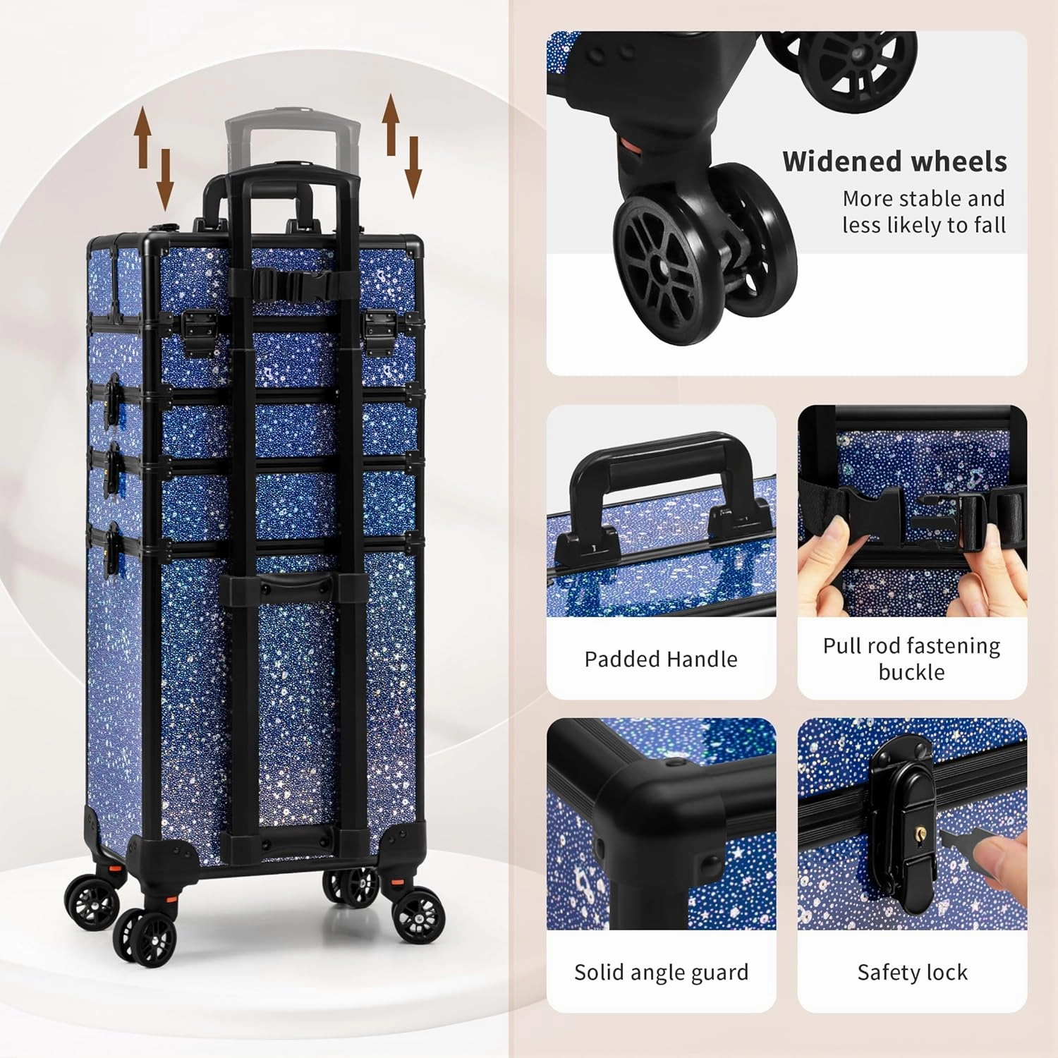 AROUS Rolling Makeup Train Case Large Storage Cosmetic Trolley 5 in 1 Large Capacity Trolley Makeup Travel Case with Key Swivel Wheels Salon Barber Case Traveling Cart Trunk, Black (Blue)