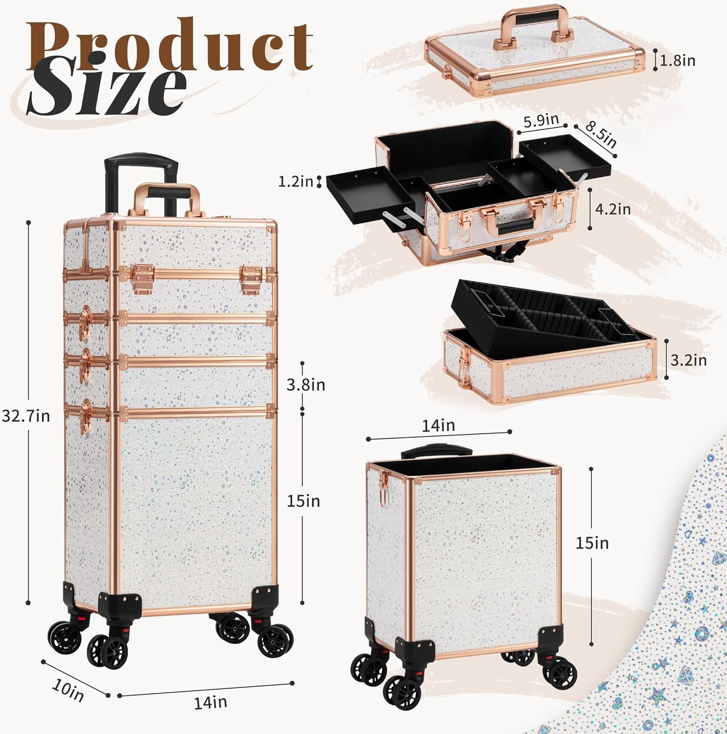 AROUS Rolling Makeup Train Case Large Storage Cosmetic Trolley 5 in 1 Large Capacity Trolley Makeup Travel Case with Key Swivel Wheels Salon Barber Case Traveling Cart Trunk, Black (White)