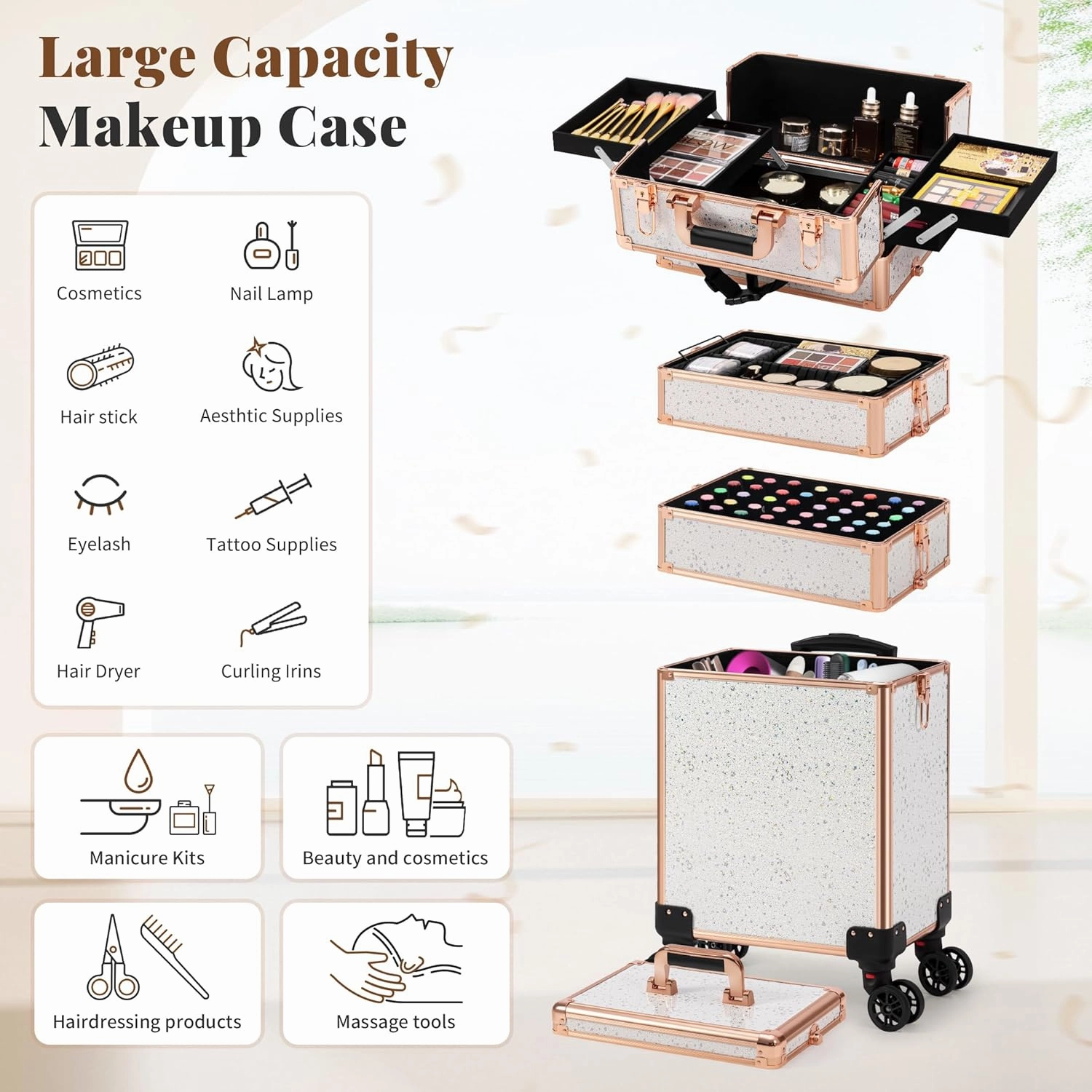 AROUS Rolling Makeup Train Case Large Storage Cosmetic Trolley 5 in 1 Large Capacity Trolley Makeup Travel Case with Key Swivel Wheels Salon Barber Case Traveling Cart Trunk, Black (White)