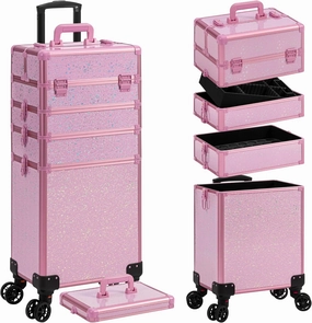 AROUS Rolling Makeup Train Case Large Storage Cosmetic Trolley 5 in 1 Large Capacity Trolley Makeup Travel Case with Key Swivel Wheels Salon Barber Case Traveling Cart Trunk, Pink
