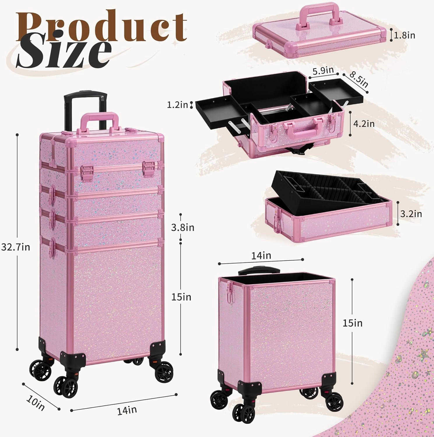 AROUS Rolling Makeup Train Case Large Storage Cosmetic Trolley 5 in 1 Large Capacity Trolley Makeup Travel Case with Key Swivel Wheels Salon Barber Case Traveling Cart Trunk, Pink