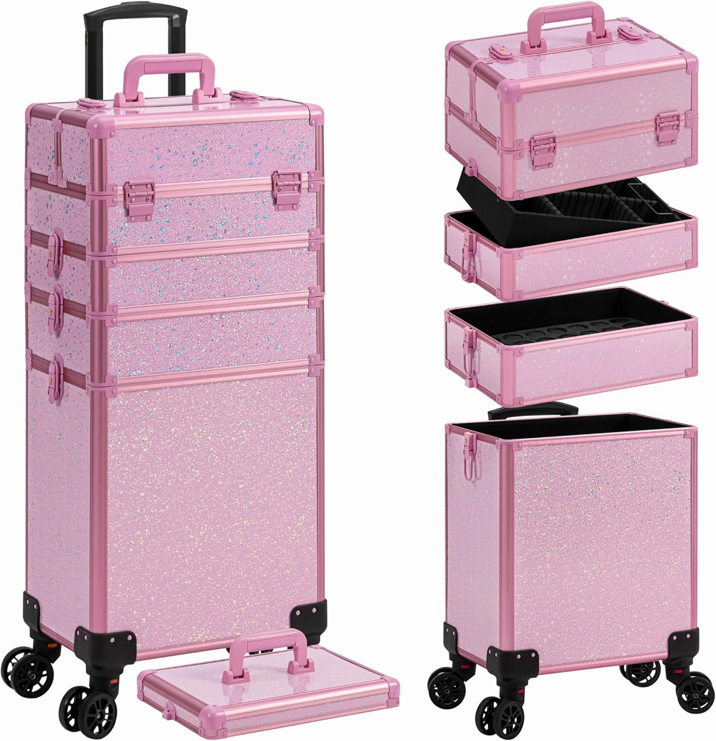 AROUS Rolling Makeup Train Case Large Storage Cosmetic Trolley 5 in 1 Large Capacity Trolley Makeup Travel Case with Key Swivel Wheels Salon Barber Case Traveling Cart Trunk, Pink