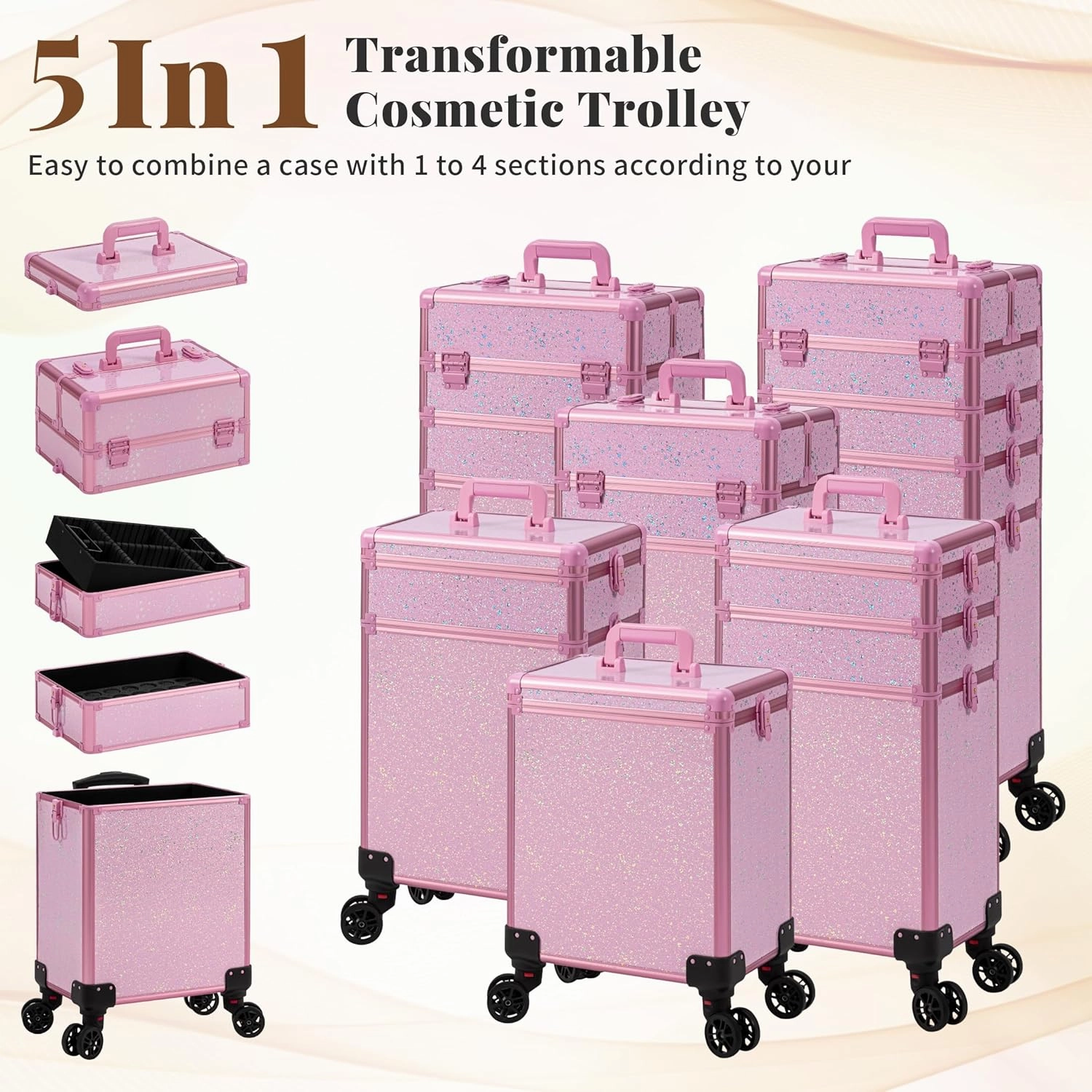 AROUS Rolling Makeup Train Case Large Storage Cosmetic Trolley 5 in 1 Large Capacity Trolley Makeup Travel Case with Key Swivel Wheels Salon Barber Case Traveling Cart Trunk, Pink