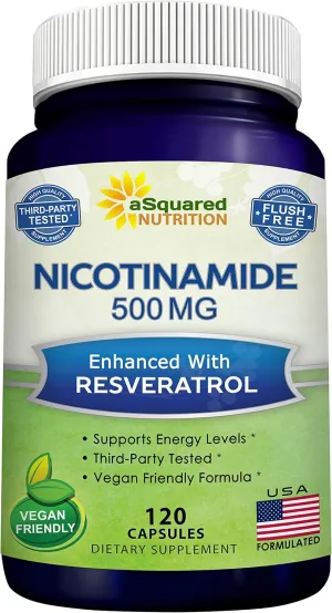 aSquared Nutrition Nicotinamide with Resveratrol - 120 Veggie Capsules - Vitamin B3 500mg (Niacinamide Flush Free) - Supplement Pills to Support NAD, Skin Cell Health & Energy
