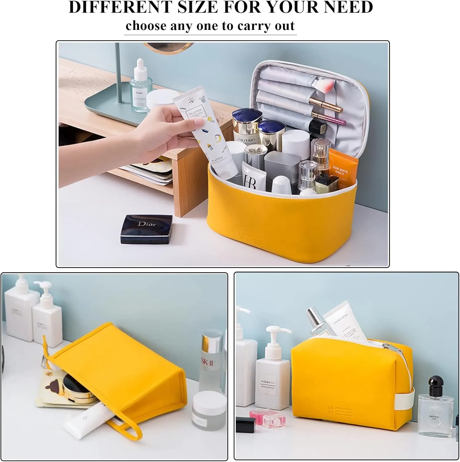 AUSEKALY Makeup Cosmetic Bag Sets 3 Pcs For Women Travel Toiletry Bag Cute Large Make Up Bag With Brush Bag   Small Cosmetic Pouch Carol Blue