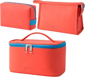 AUSEKALY Makeup Cosmetic Bag Sets 3 Pcs For Women Travel Toiletry Bag Cute Large Make Up Bag With Brush Bag   Small Cosmetic Pouch Carol Blue