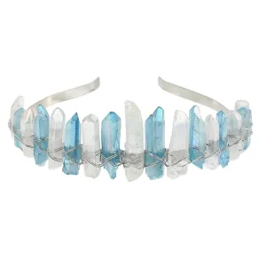 AWAYTR Raw Crystal Quartz Crown – Rhinestone Tiara Mermaid Headband for Woman Weeding and Parties (Clear&Blue)