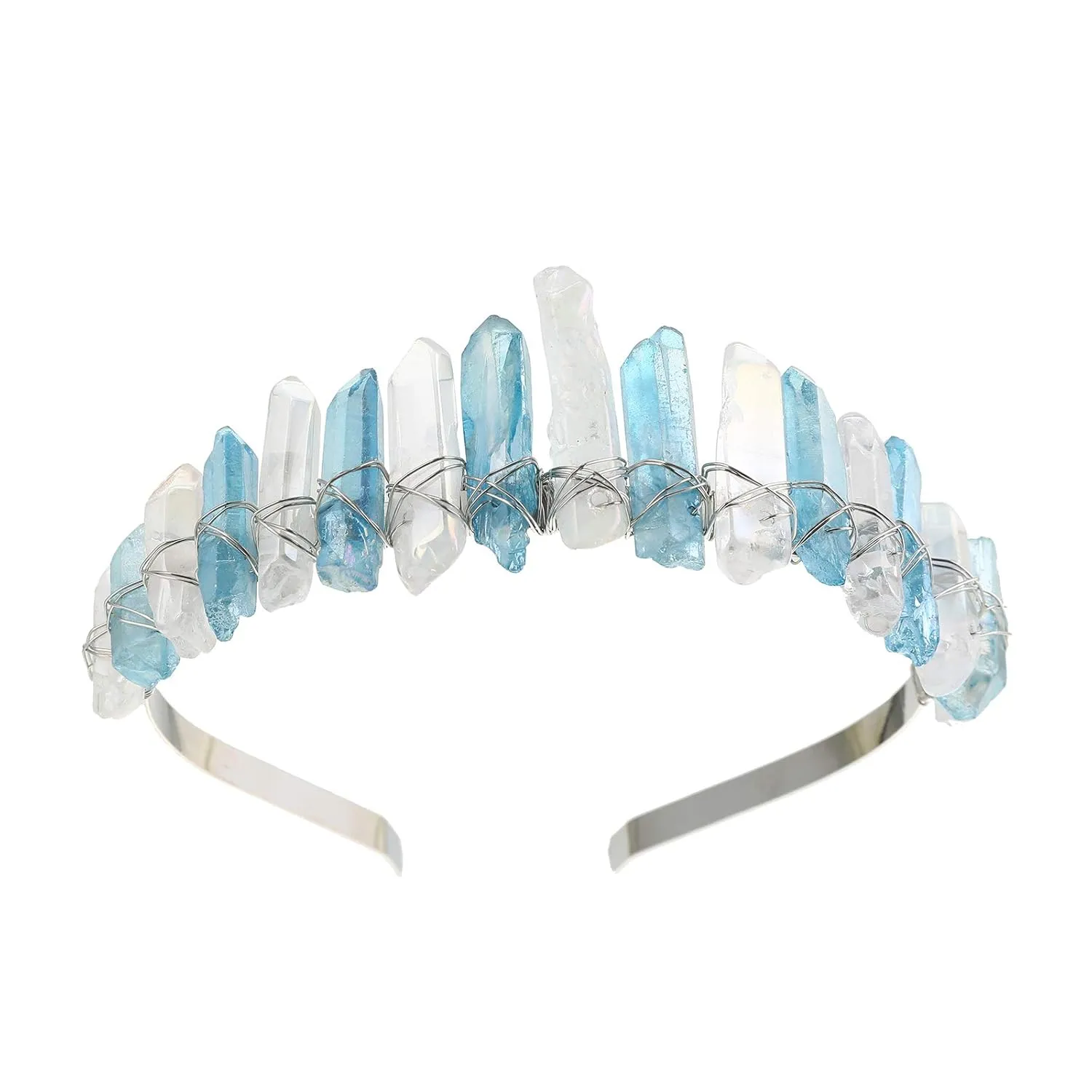 AWAYTR Raw Crystal Quartz Crown – Rhinestone Tiara Mermaid Headband for Woman Weeding and Parties (Clear&Blue)