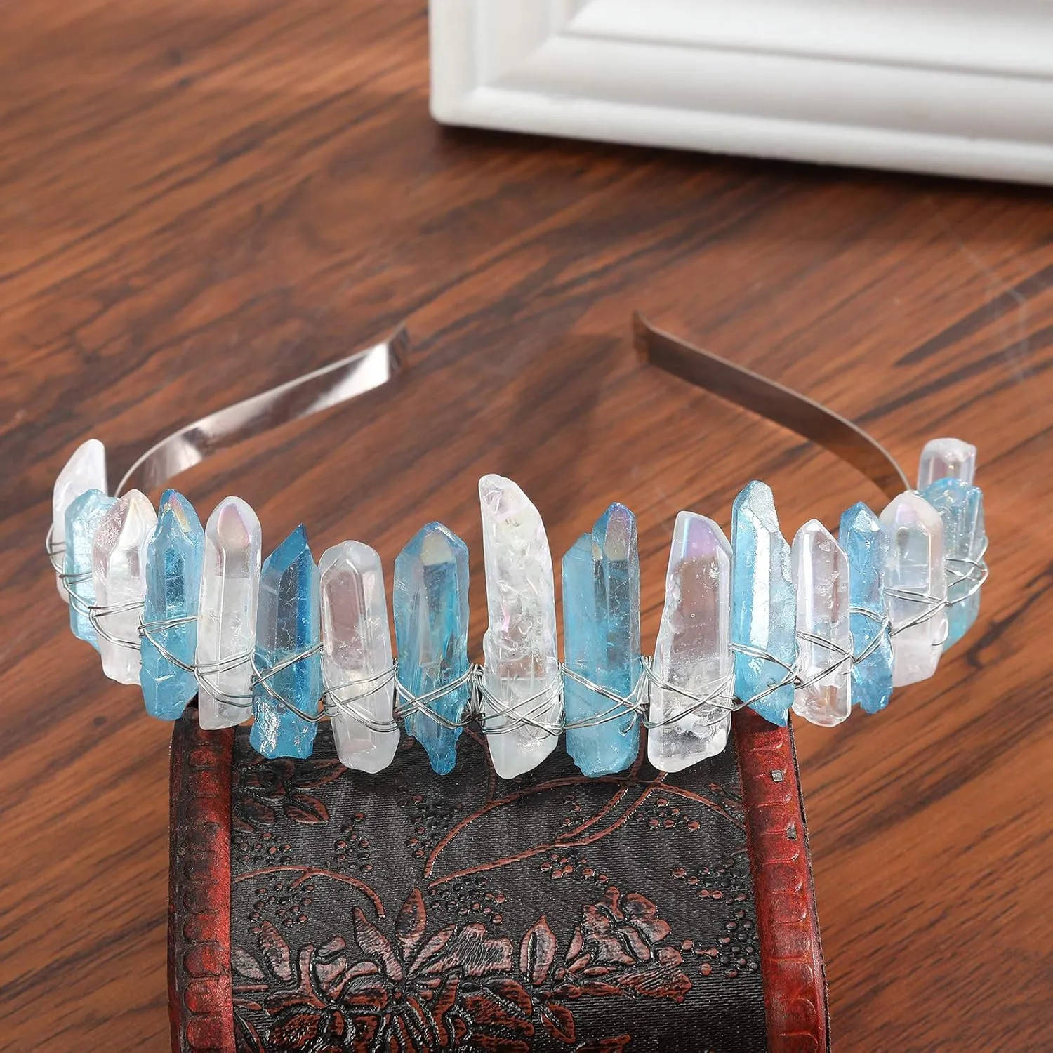 AWAYTR Raw Crystal Quartz Crown – Rhinestone Tiara Mermaid Headband for Woman Weeding and Parties (Clear&Blue)