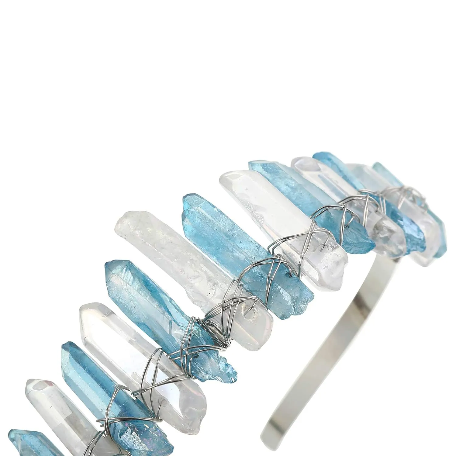 AWAYTR Raw Crystal Quartz Crown – Rhinestone Tiara Mermaid Headband for Woman Weeding and Parties (Clear&Blue)