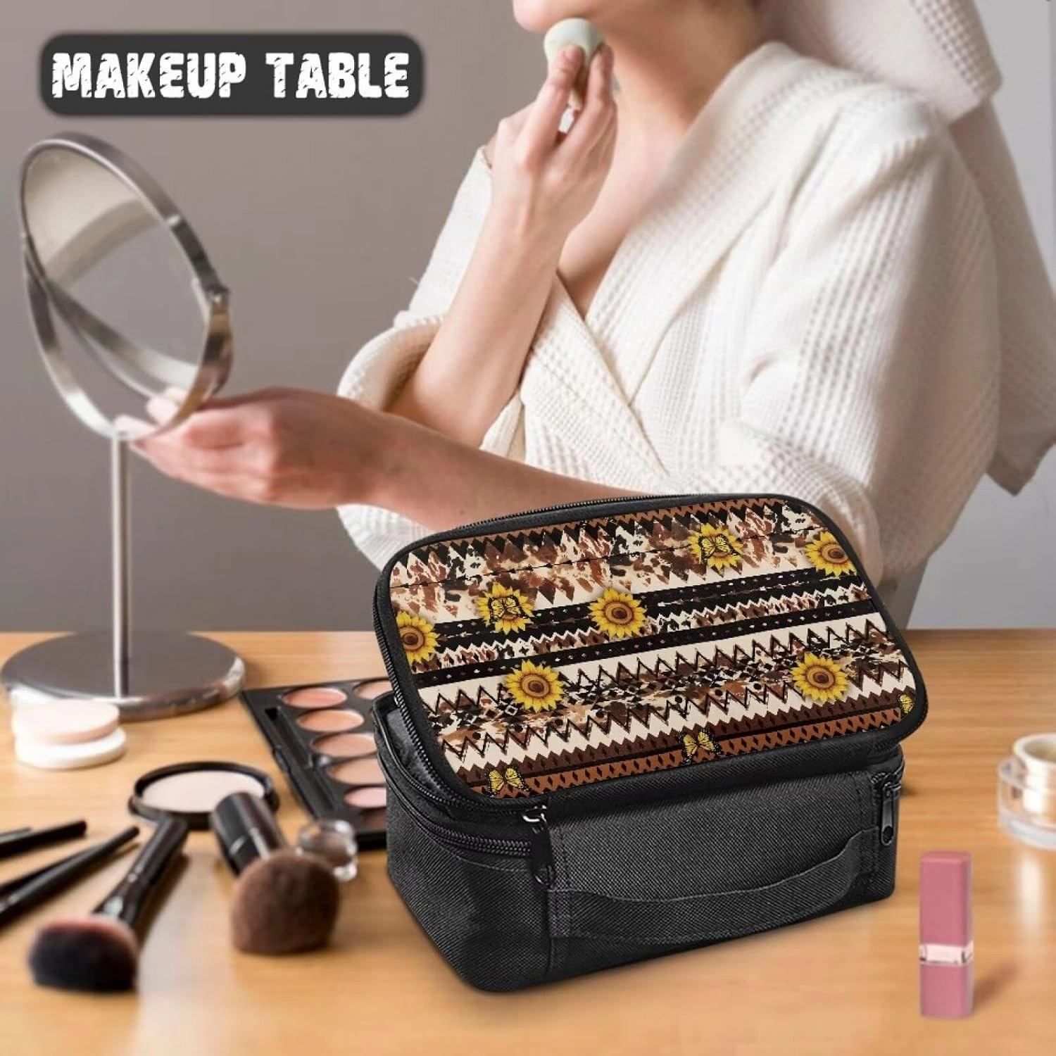 Aztc Ethic Print Makeup Travel Bag for Women Sunflower Portable Cosmetic Bags with Handle Travel Accessories Large Toiletry Bags for Traveling Women Organizer and Storage