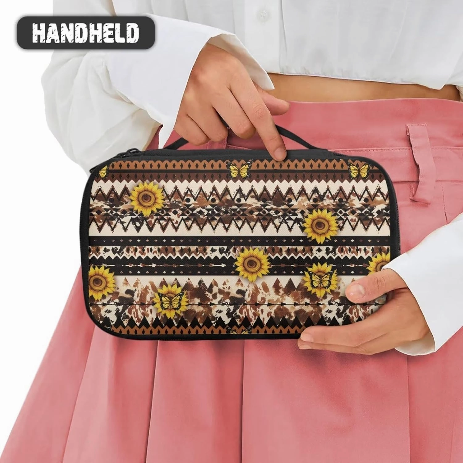 Aztc Ethic Print Makeup Travel Bag for Women Sunflower Portable Cosmetic Bags with Handle Travel Accessories Large Toiletry Bags for Traveling Women Organizer and Storage