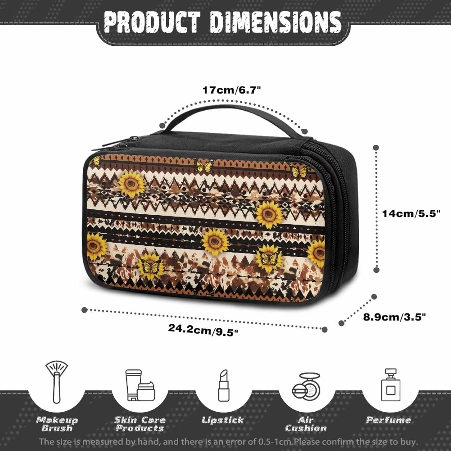 Aztc Ethic Print Makeup Travel Bag for Women Sunflower Portable Cosmetic Bags with Handle Travel Accessories Large Toiletry Bags for Traveling Women Organizer and Storage