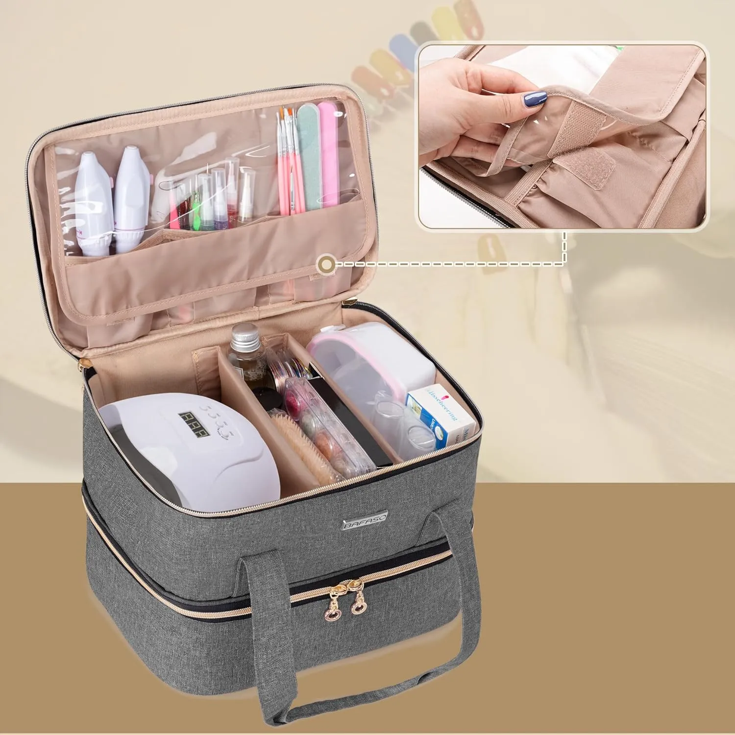 BAFASO Nail Polish Storage Holds 40 Bottles (15ml - 0.5 fl.oz) and a Nail Lamp, Nail Polish Carrying Case with Manicure Tools Sections (BAG ONLY), Gray
