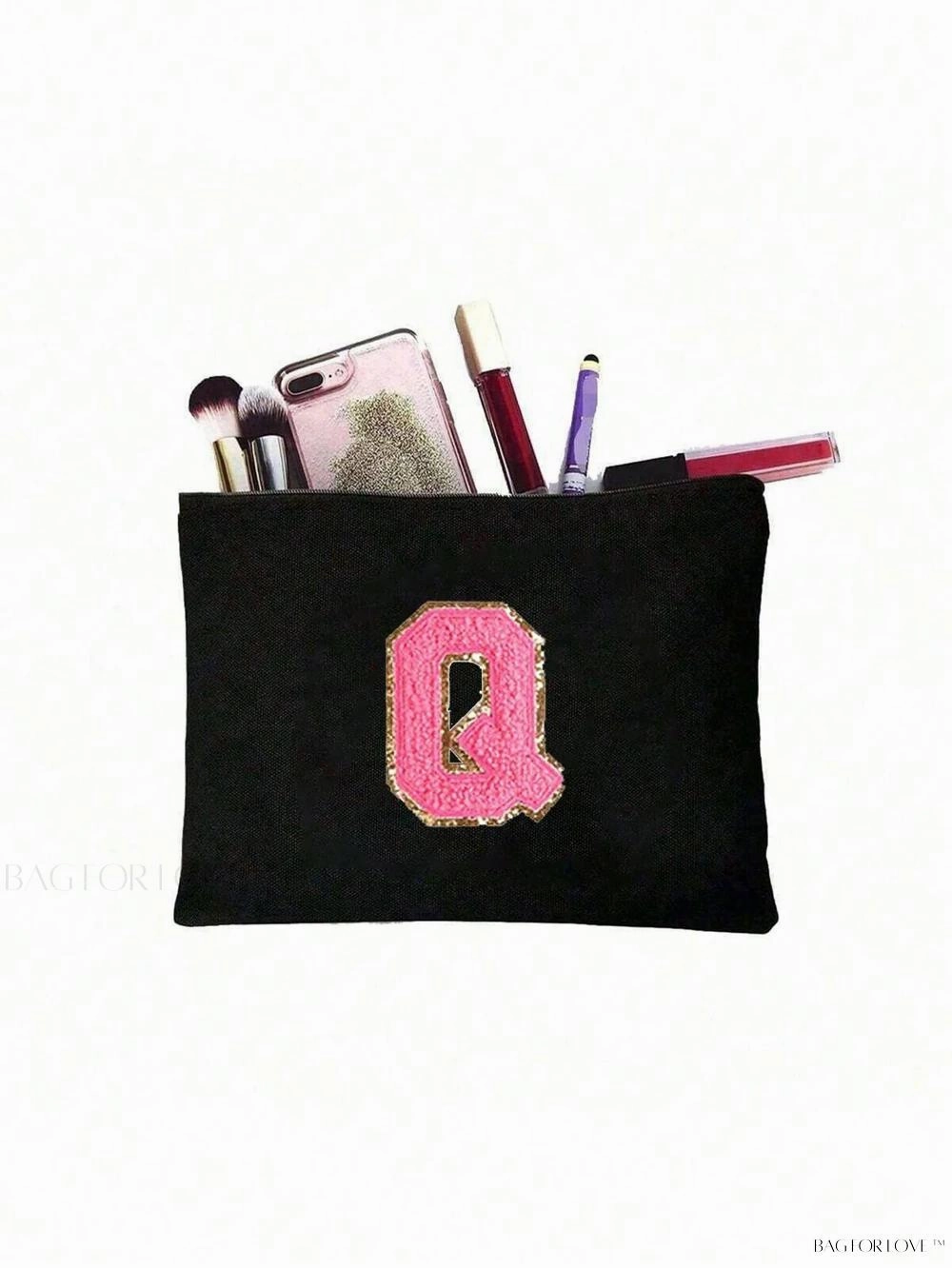 BagForLove - White Small Makeup Pouch with Rose Lettering, Perfect Gift