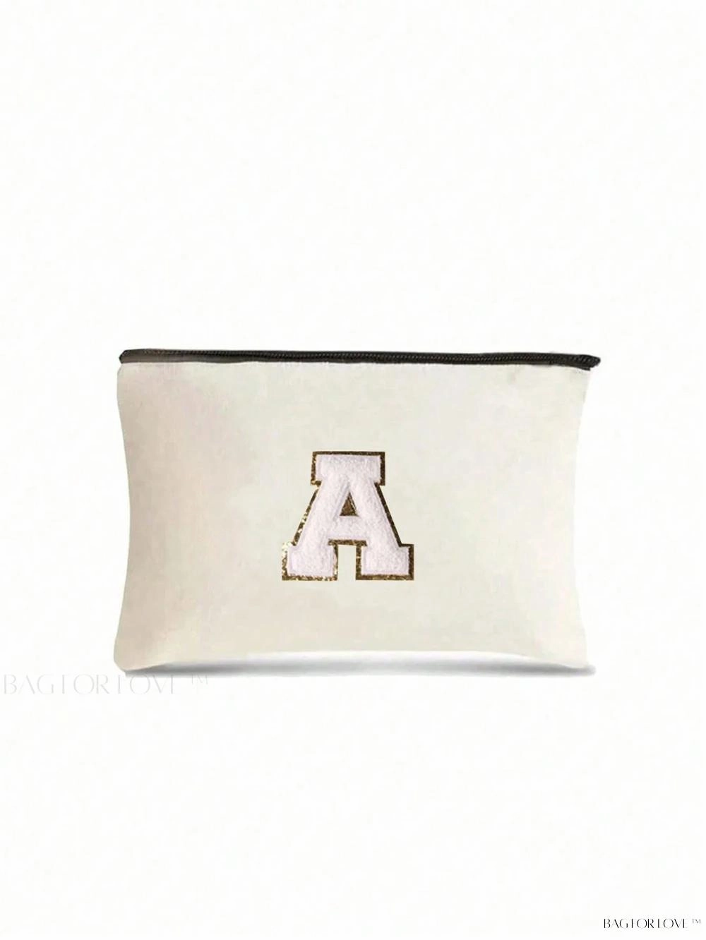 BagForLove - White Small Makeup Pouch with Rose Lettering, Perfect Gift