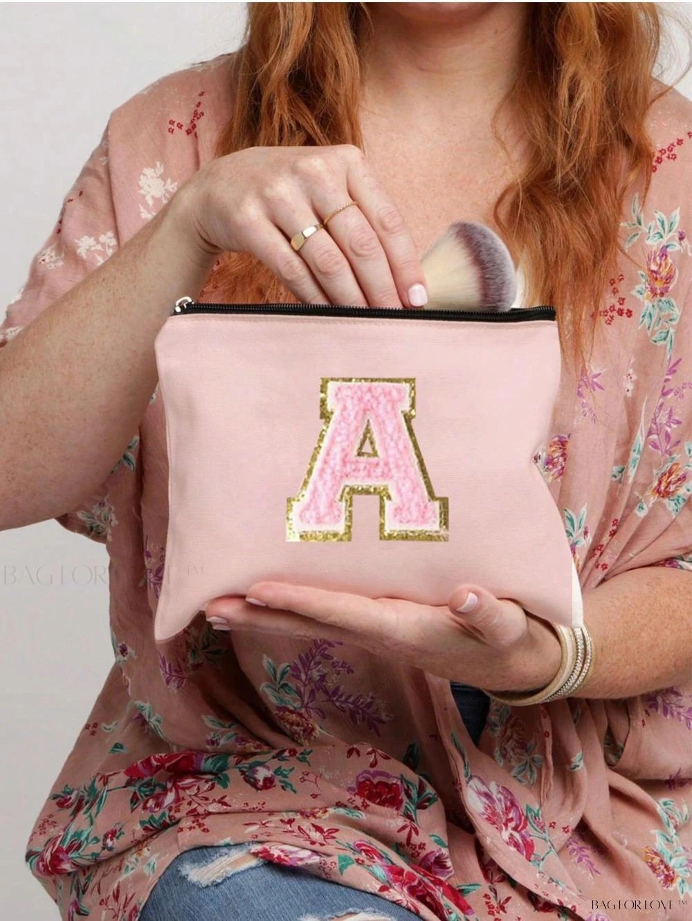 BagForLove - White Small Makeup Pouch with Rose Lettering, Perfect Gift