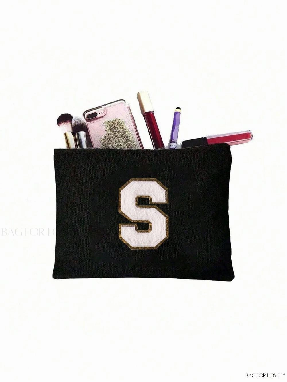 BagForLove - White Small Makeup Pouch with Rose Lettering, Perfect Gift