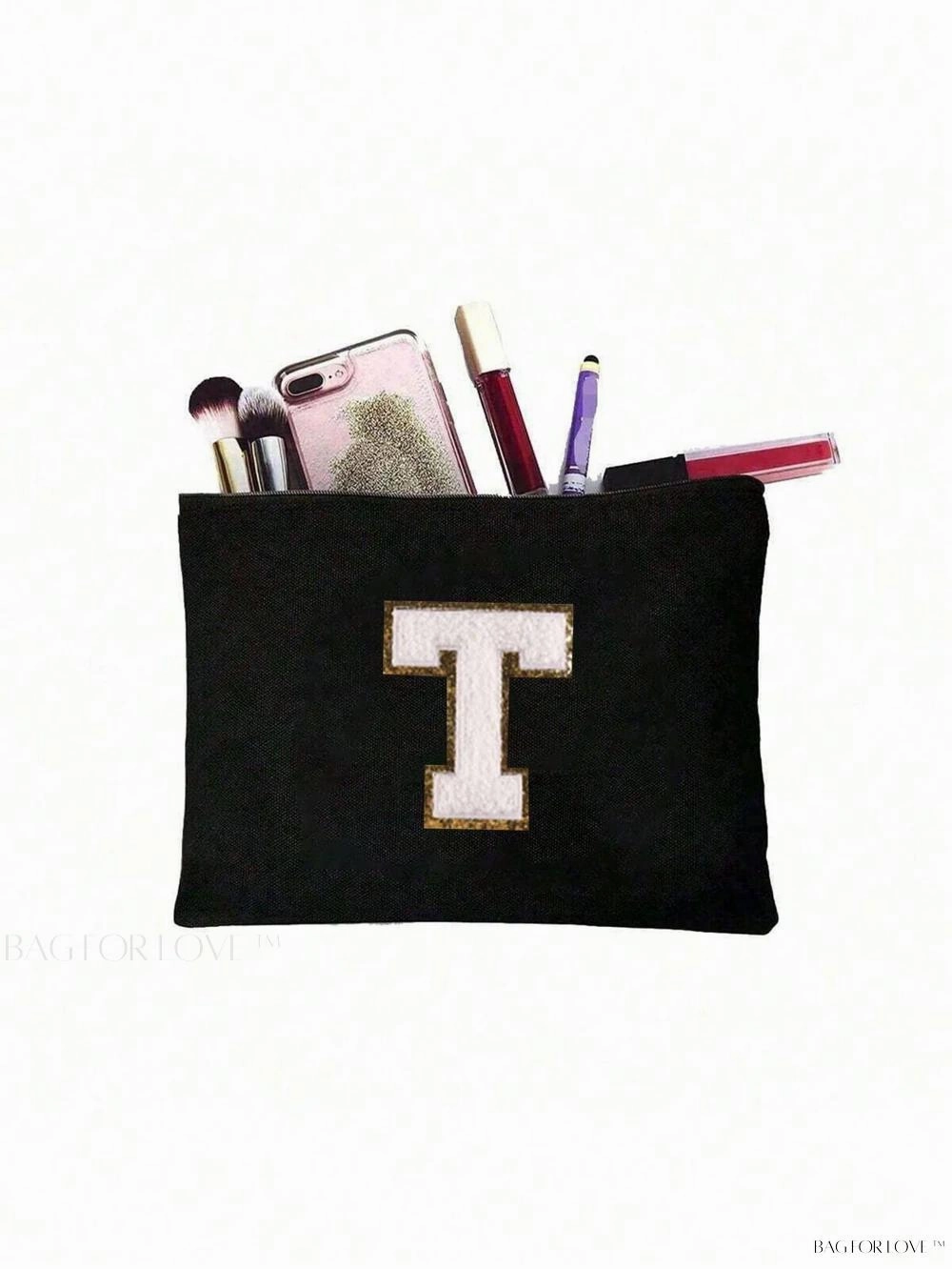 BagForLove - White Small Makeup Pouch with Rose Lettering, Perfect Gift