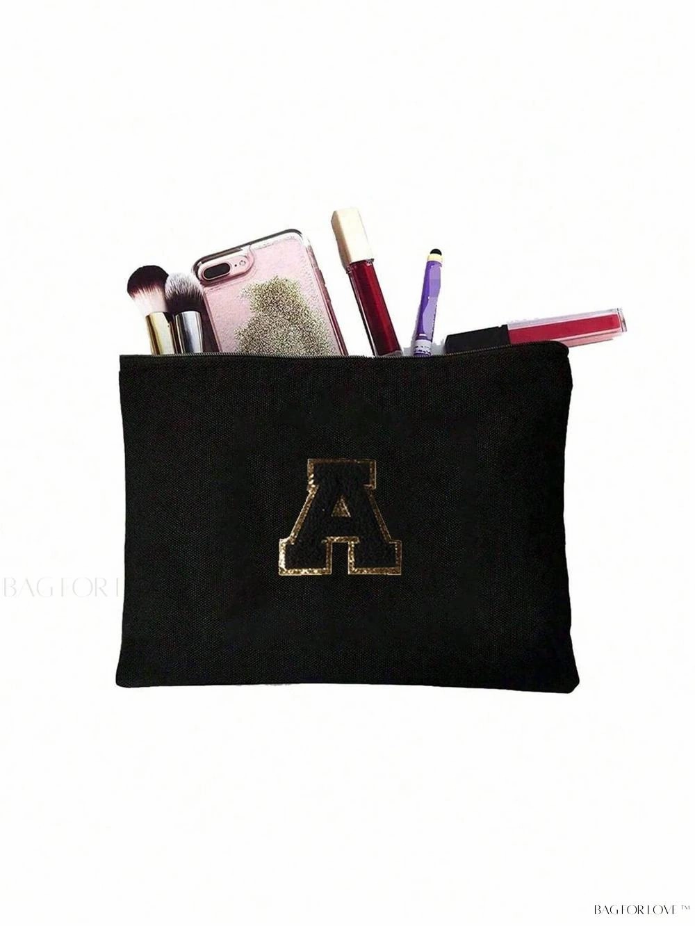 BagForLove - White Small Makeup Pouch with Rose Lettering, Perfect Gift