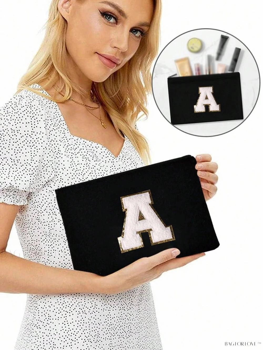 BagForLove - White Small Makeup Pouch with Rose Lettering, Perfect Gift