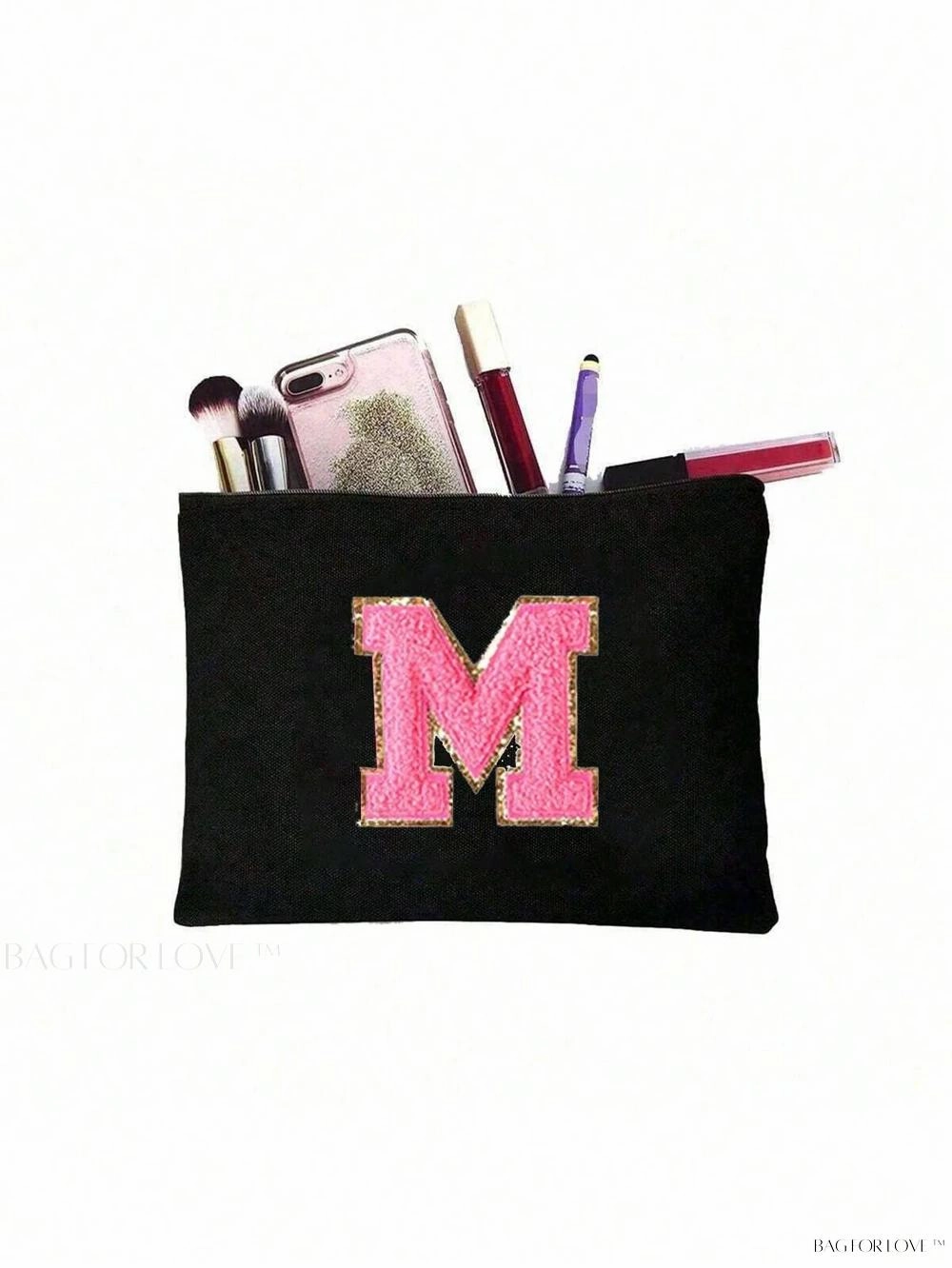 BagForLove - White Small Makeup Pouch with Rose Lettering, Perfect Gift