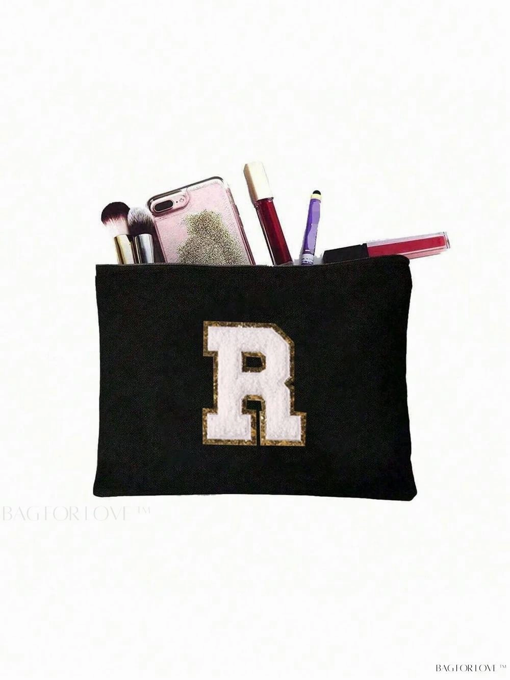 BagForLove - White Small Makeup Pouch with Rose Lettering, Perfect Gift