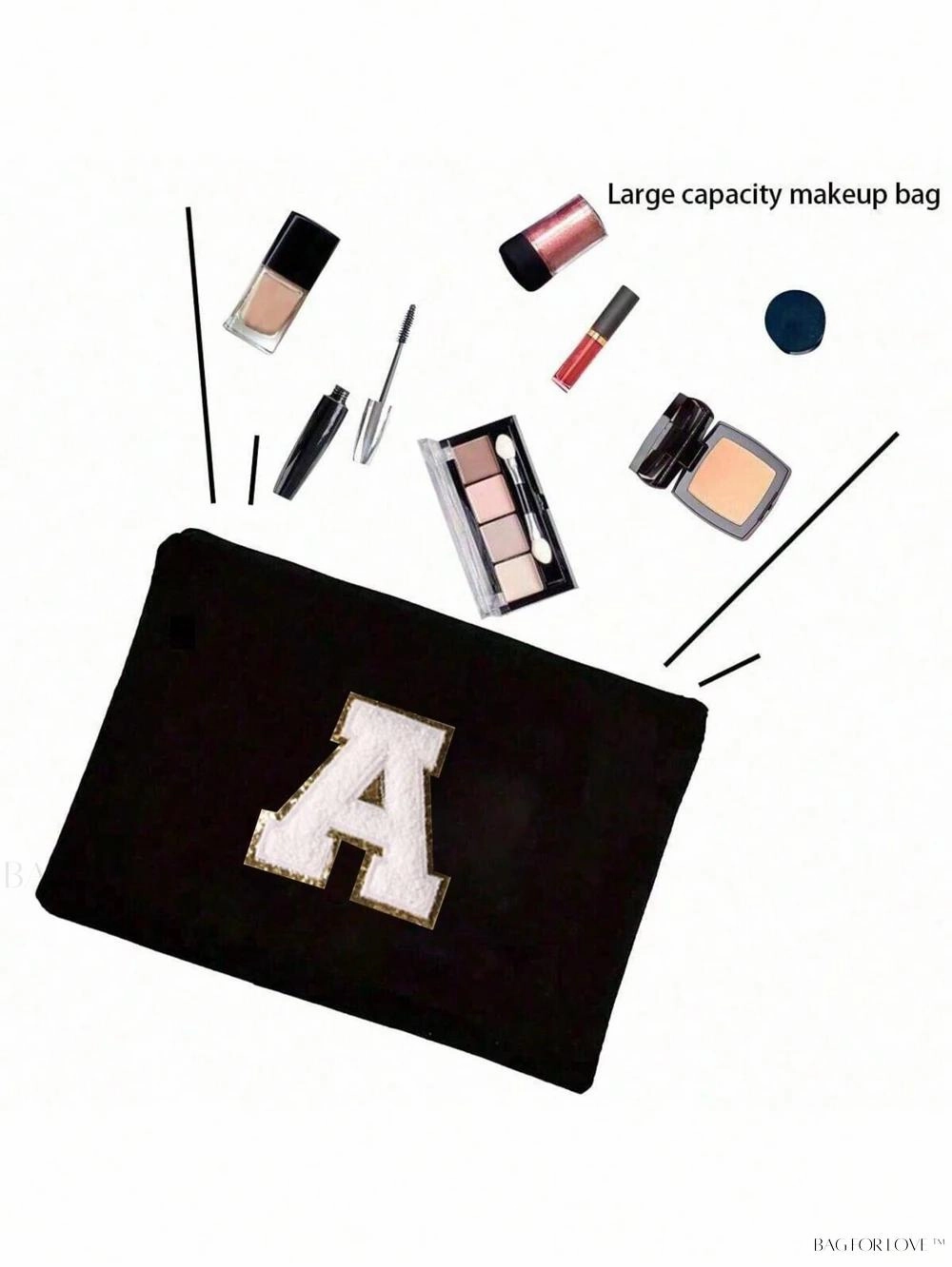 BagForLove - White Small Makeup Pouch with Rose Lettering, Perfect Gift