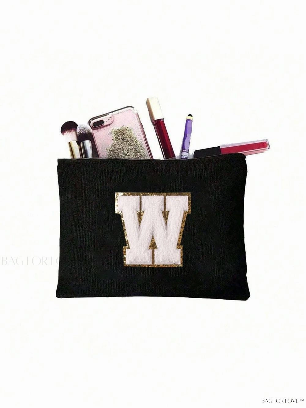 BagForLove - White Small Makeup Pouch with Rose Lettering, Perfect Gift
