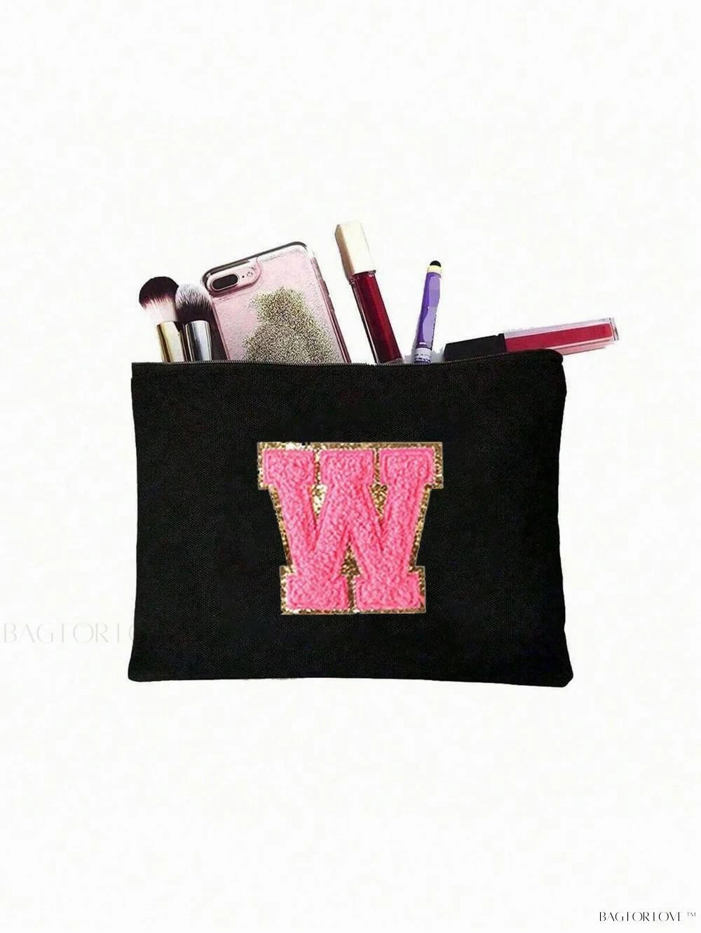 BagForLove - White Small Makeup Pouch with Rose Lettering, Perfect Gift