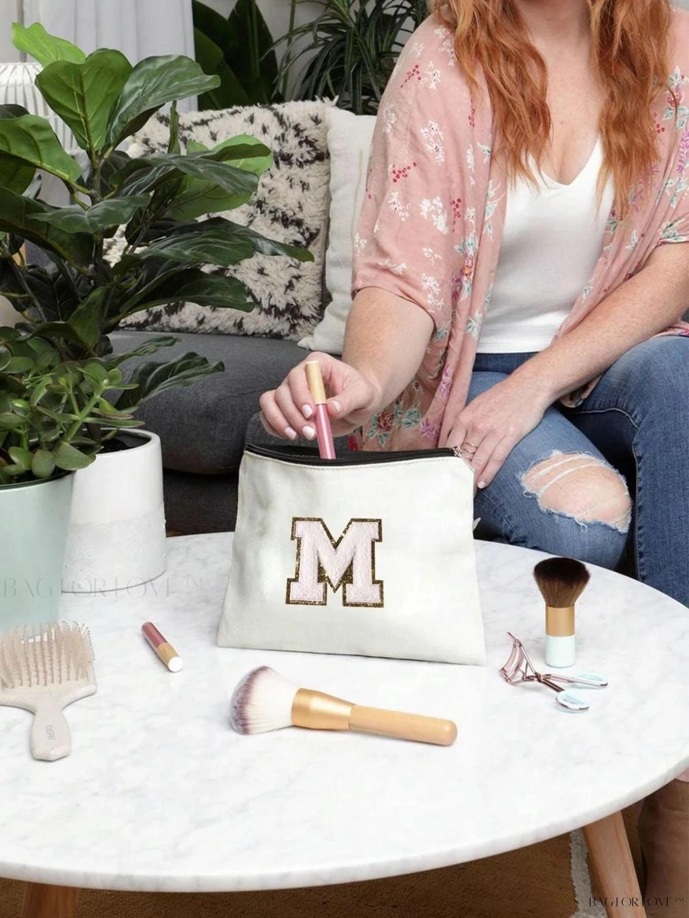 BagForLove - White Small Makeup Pouch with Rose Lettering, Perfect Gift