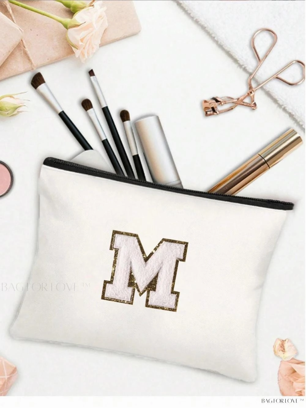 BagForLove - White Small Makeup Pouch with Rose Lettering, Perfect Gift