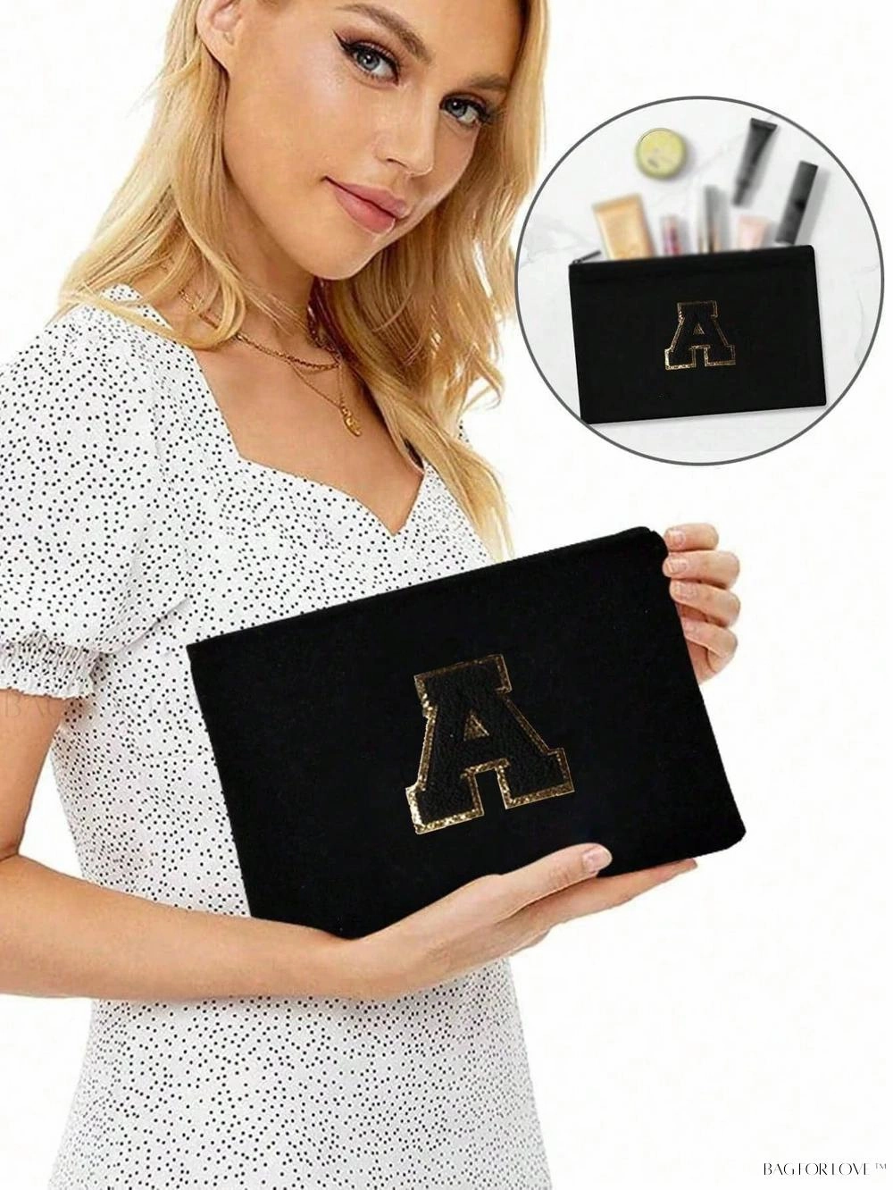 BagForLove - White Small Makeup Pouch with Rose Lettering, Perfect Gift