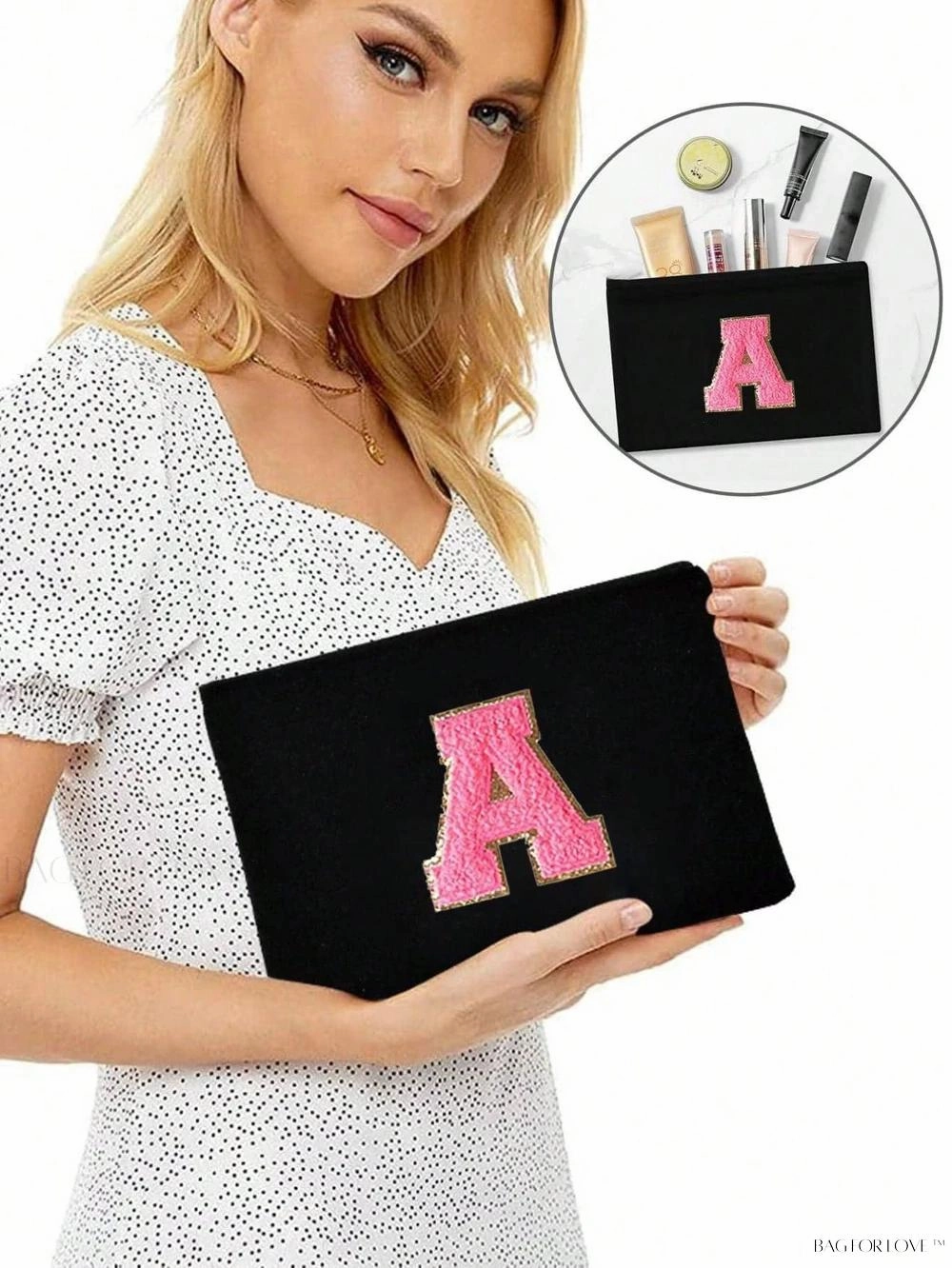 BagForLove - White Small Makeup Pouch with Rose Lettering, Perfect Gift