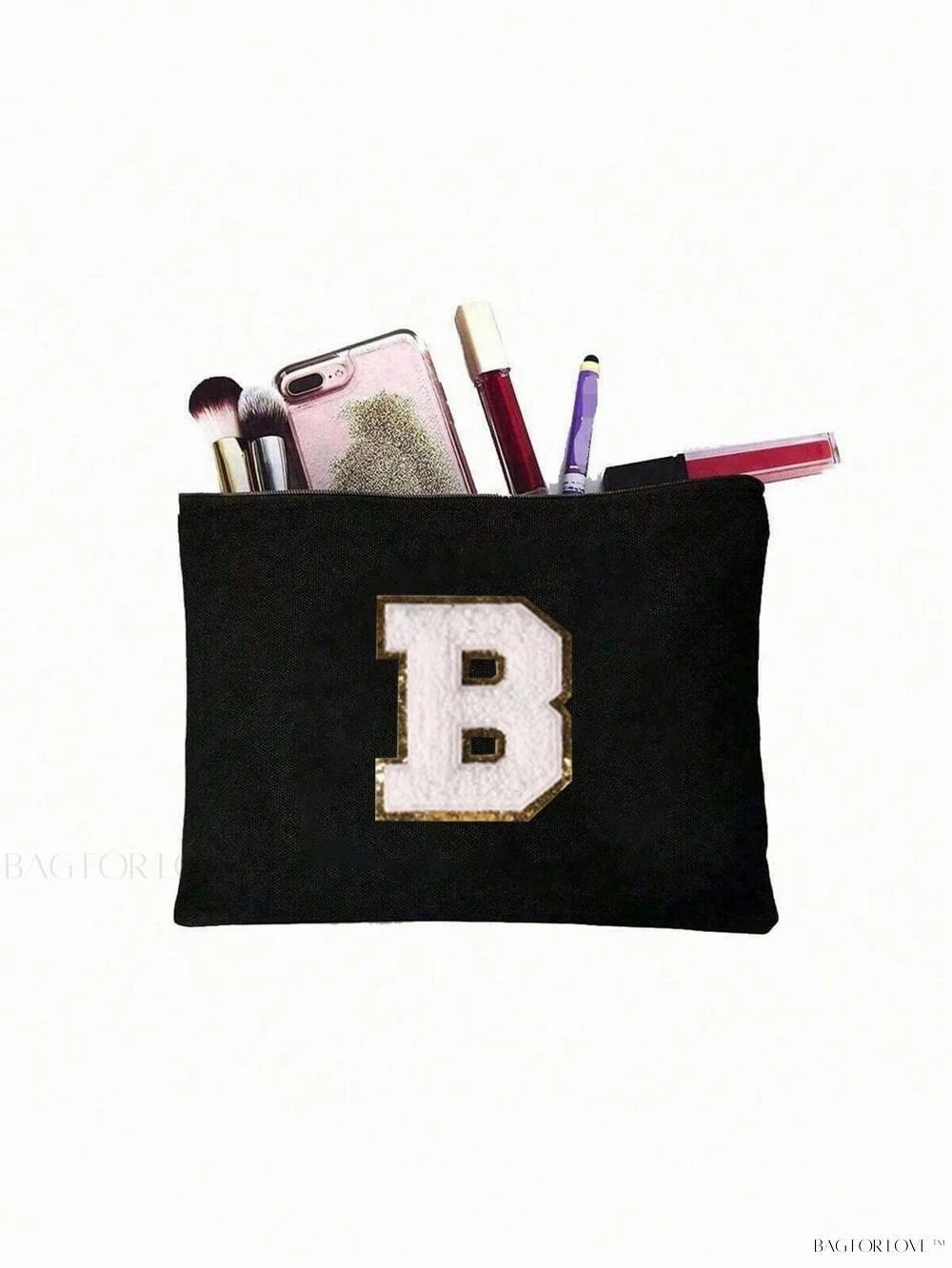 BagForLove - White Small Makeup Pouch with Rose Lettering, Perfect Gift