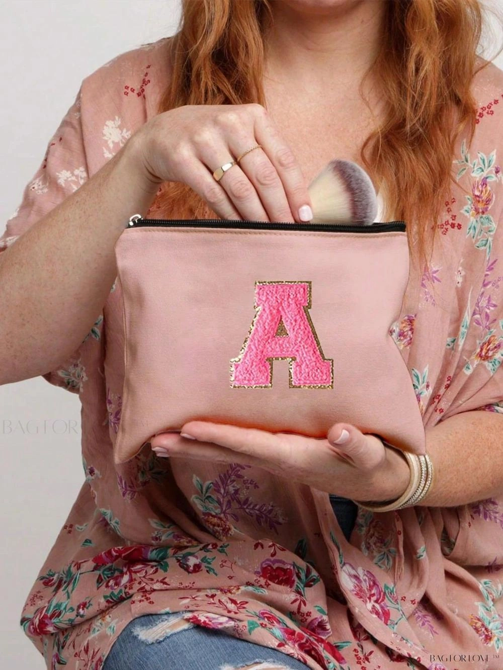 BagForLove - White Small Makeup Pouch with Rose Lettering, Perfect Gift