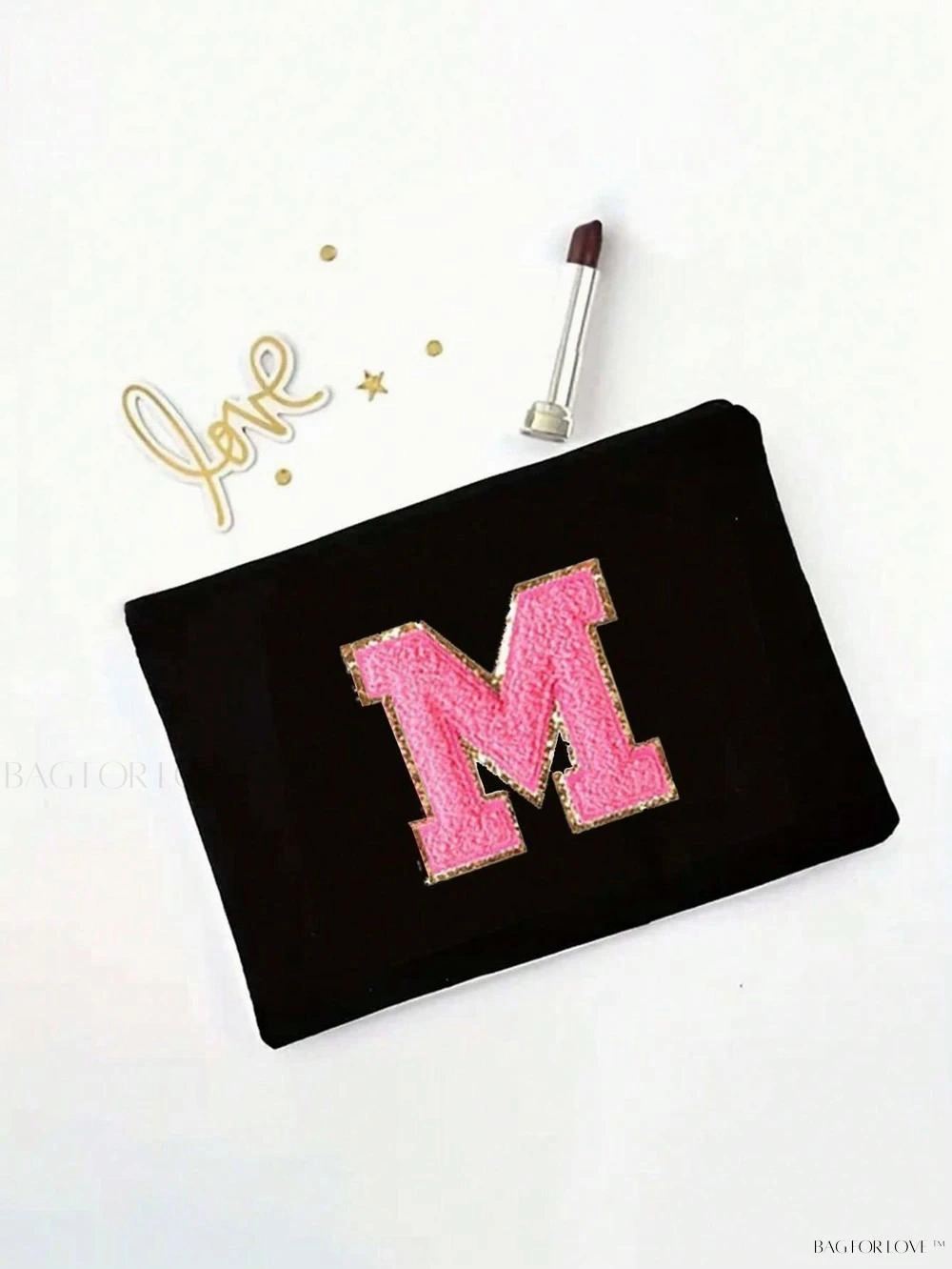 BagForLove - White Small Makeup Pouch with Rose Lettering, Perfect Gift