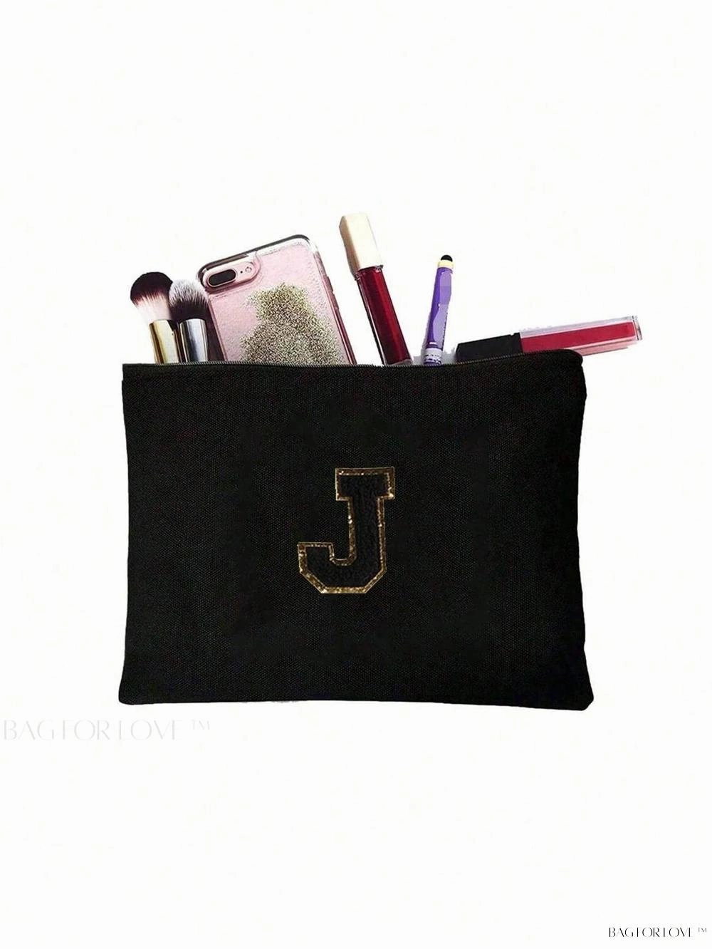 BagForLove - White Small Makeup Pouch with Rose Lettering, Perfect Gift