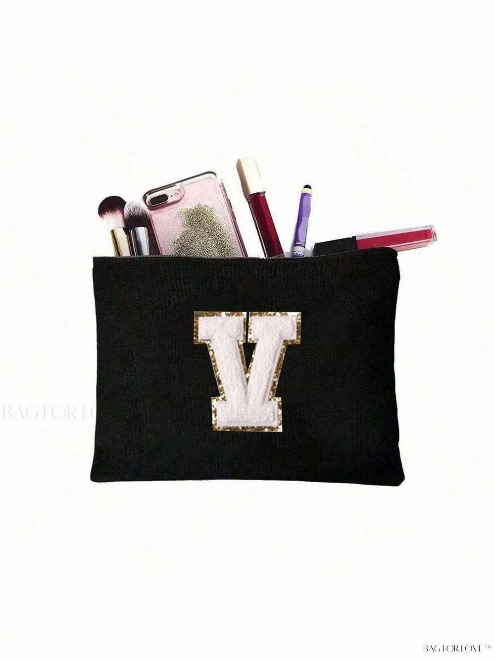 BagForLove - White Small Makeup Pouch with Rose Lettering, Perfect Gift
