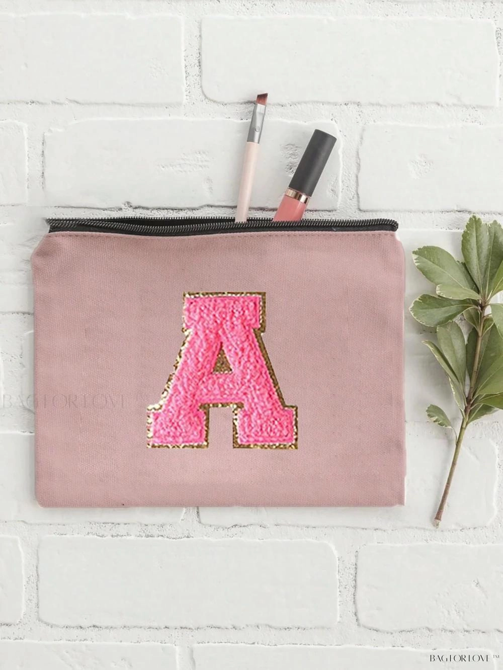 BagForLove - White Small Makeup Pouch with Rose Lettering, Perfect Gift