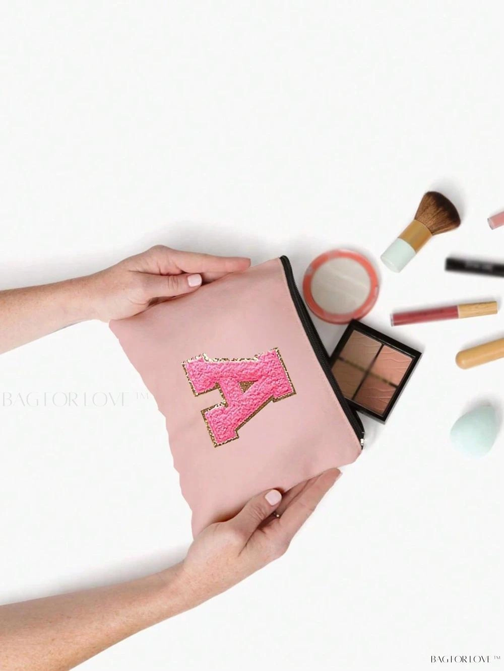 BagForLove - White Small Makeup Pouch with Rose Lettering, Perfect Gift