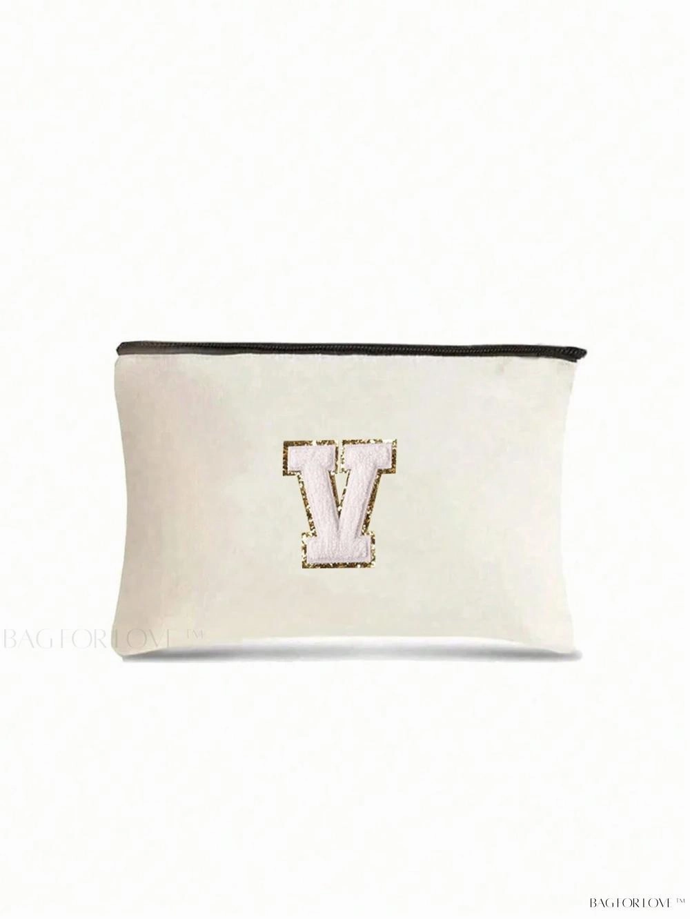 BagForLove - White Small Makeup Pouch with Rose Lettering, Perfect Gift