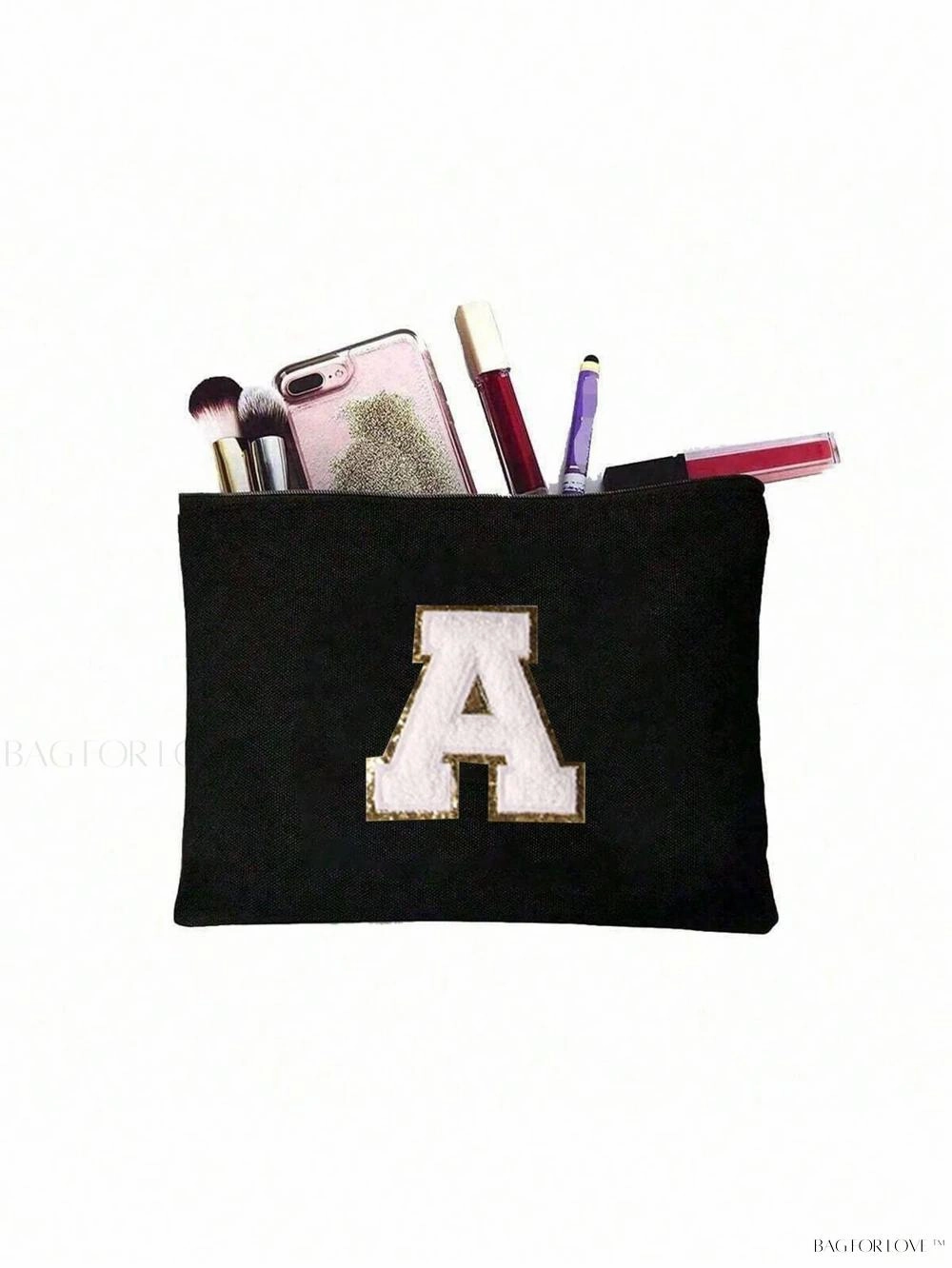 BagForLove - White Small Makeup Pouch with Rose Lettering, Perfect Gift