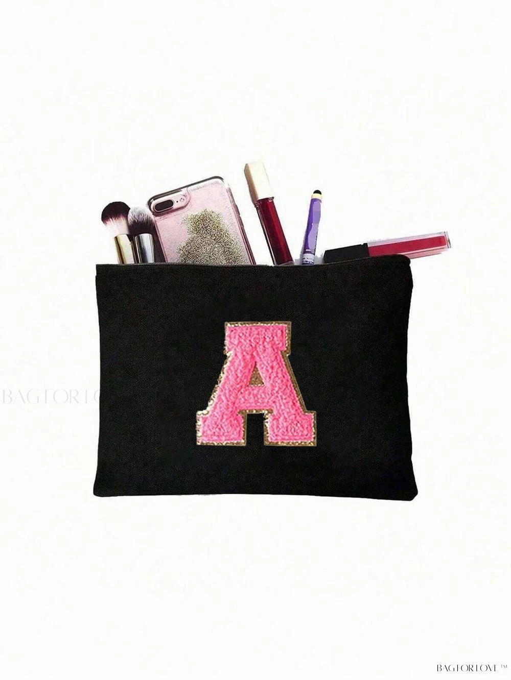 BagForLove - White Small Makeup Pouch with Rose Lettering, Perfect Gift