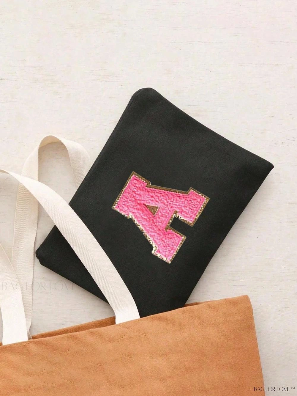 BagForLove - White Small Makeup Pouch with Rose Lettering, Perfect Gift
