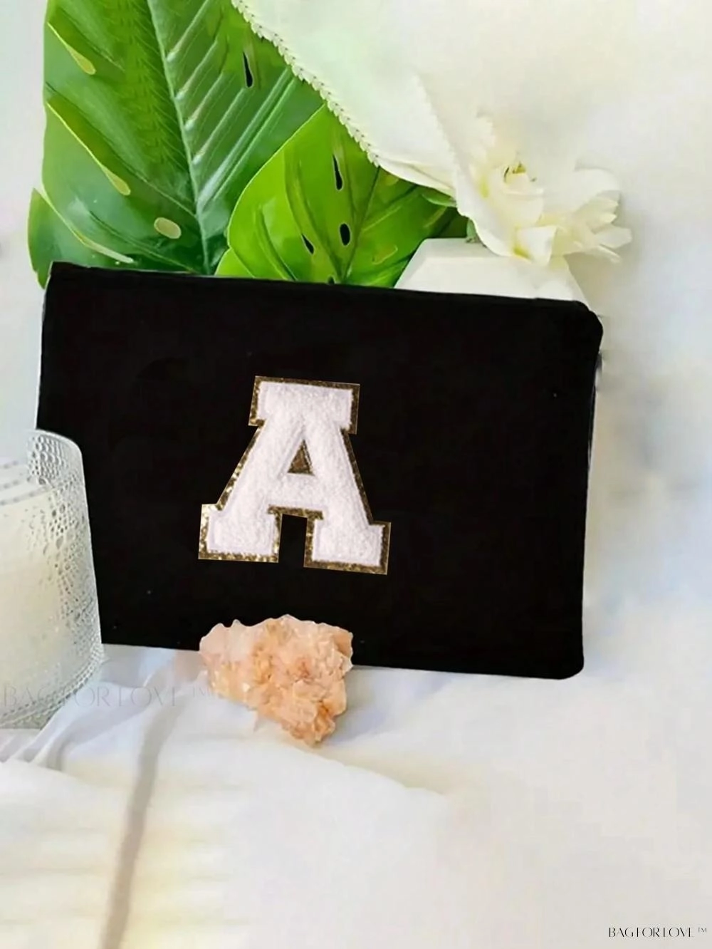 BagForLove - White Small Makeup Pouch with Rose Lettering, Perfect Gift